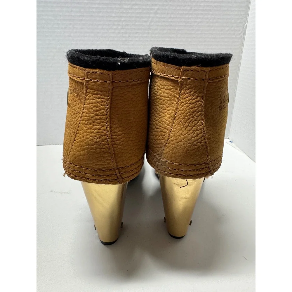 Sorel Medina III Rain Boots Black Tan Gold Heel Ankle Booties‎ Womens 6.5